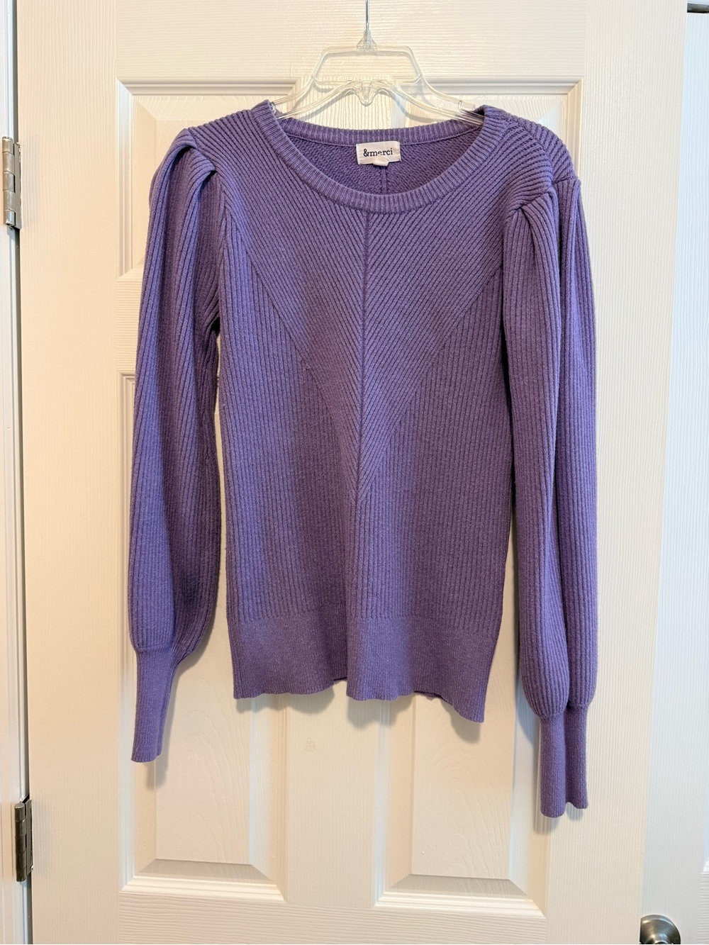 &merci Lavender Ribbed Puff-Sleeve Crewneck Sweate